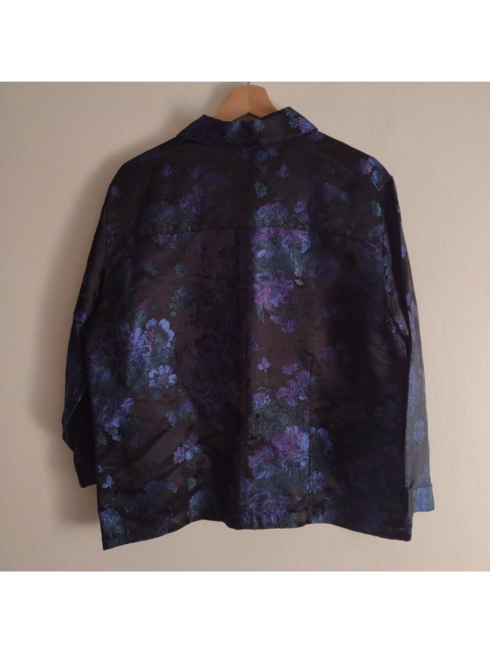 Chicos Silk Blend Brocade Jacket L Dark Blue Floral on Black Zip Blazer Sz 2 - Picture 7 of 12